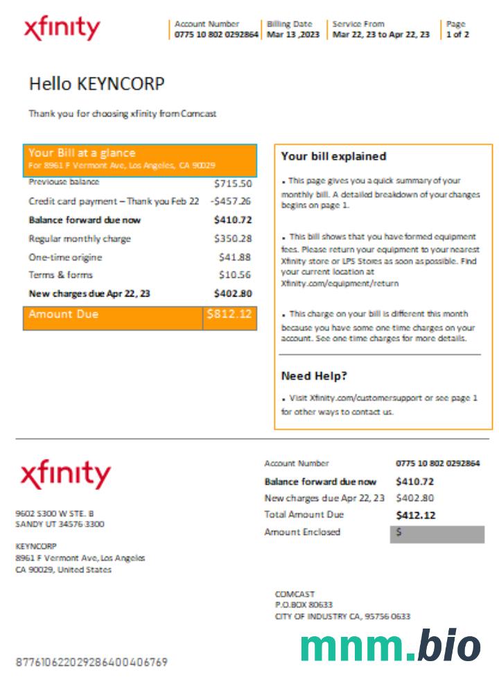 San Francisco Xfinity Comcast rachunek za usługi komunalne strona 1